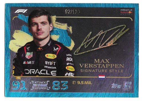 #015 Max Verstappen (Red Bull) - TURQUOISE PARALLEL 92/130 (Signature Style) - Topps Turbo Attax 2024 India Edition (Formula 1/F1)