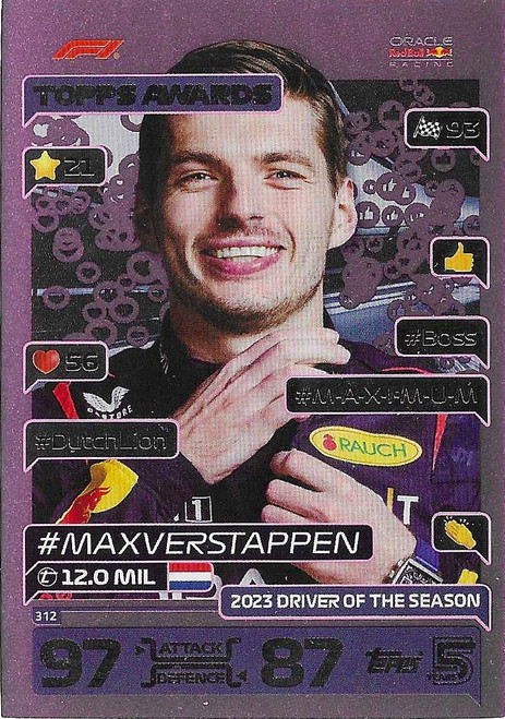 #312 Max Verstappen (Red Bull) - PINK PARALLEL (Topps Awards) - Topps Turbo Attax 2024 India Edition (Formula 1/F1)