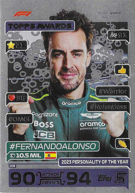 #308 Fernando Alonso (Aston Martin) - TOPPS AWARDS - Topps Turbo Attax 2024 India Edition (Formula 1/F1)
