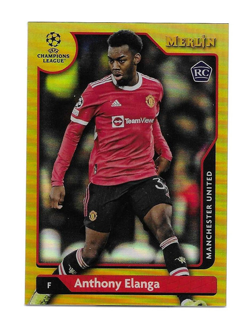 #143 Anthony Elanga (Manchester United) - BASE ROOKIE IMAGE VARIATION (Gold Parallel 05/50) - Topps Merlin Chrome 2021/22