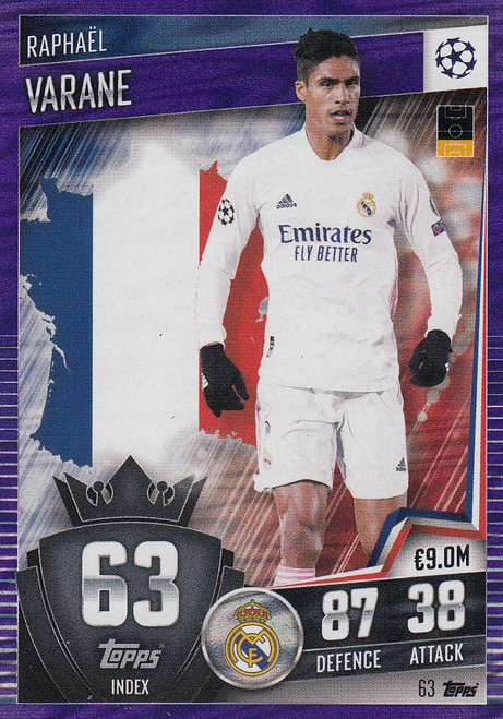 #63 Raphaël Varane (Real Madrid CF) Match Attax 101 2020/21 PURPLE PARALLEL