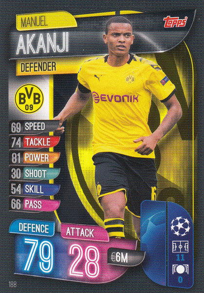 #188 Manuel Akanji (Borussia Dortmund) Match Attax Champions League 2019/20