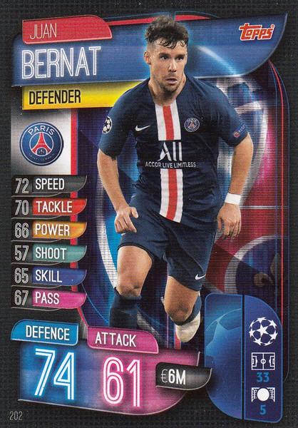 #202 Juan Bernat (Paris Saint-Germain) Match Attax Champions League 2019/20