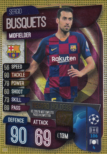 #314 Sergio Busquets (FC Barcelona) Match Attax Champions League 2019/20 RECORD HOLDERS