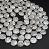 Natural White Freshwater Button, Coin Shaped Round Pearl Beads - 15mm - 16mm - 14'' Strand