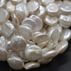 Natural White Freshwater Button, Coin Shaped Round Pearl Beads - with Pink Tone Iridescent Hues - 11mm - 13mm - 15'' Strand