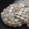 Natural White Freshwater Button, Coin Shaped Round Pearl Beads - with Pink Tone Iridescent Hues - 11mm - 13mm - 15'' Strand