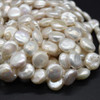 Natural White Freshwater Button, Coin Shaped Round Pearl Beads - with Rainbow Iridescent Hues - 9mm - 10mm - 15'' Strand