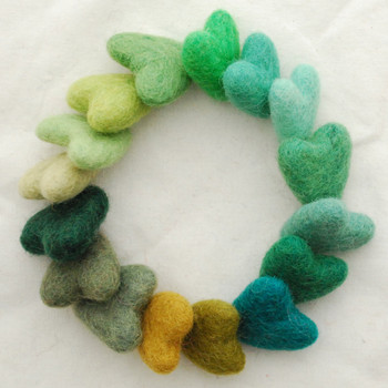 100% Wool Felt Hearts - 16 Count - approx 3cm - Green Colours