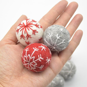Handmade Wool Felt Christmas Embroidered Snowflake Bauble Ball - 6 Count - approx 3cm - Light Grey