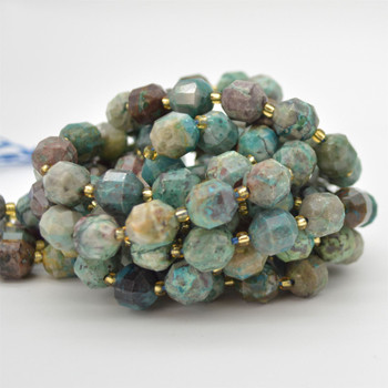 Grade A Natural Chrysocolla Semi-precious Gemstone Double Tip FACETED Round Beads - 9mm x 10mm - 15.5" strand Grade A Natural Chrysocolla Semi-precious Gemstone Double Tip FACETED Round Beads - 9mm x 10mm - 15.5" strand