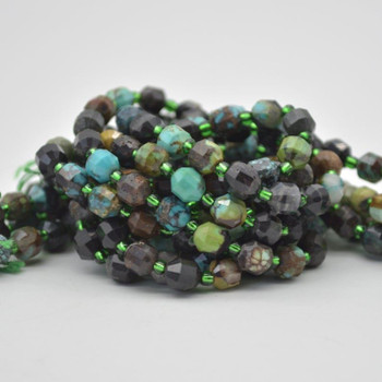 Grade A Natural Chrysocolla Semi-precious Gemstone Double Tip FACETED Round Beads - 5mm x 6mm - 15.5" strand Grade A Natural Chrysocolla Semi-precious Gemstone Double Tip FACETED Round Beads - 5mm x 6mm - 15.5" strand