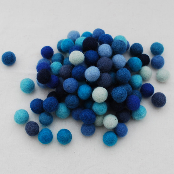 100% Wool Felt Balls - 100 Count - 1.5cm - Blue Colours