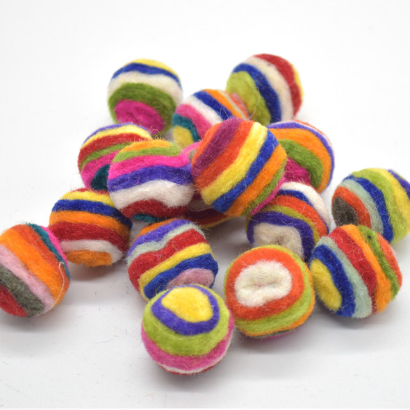 Assorted 100% Wool Striped Felt Balls - 20 Count - 2cm - 2.3cm