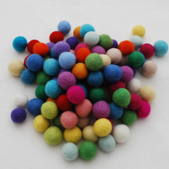 100% Wool Felt Balls - 100 Count - 2cm - Assorted Light and Bright Colours