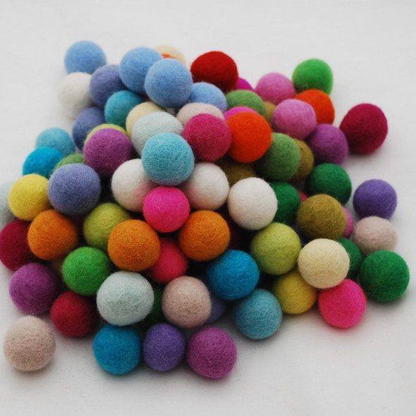 100% Wool Felt Balls - 100 Count - 2.5cm - Assorted Light and Bright Colours