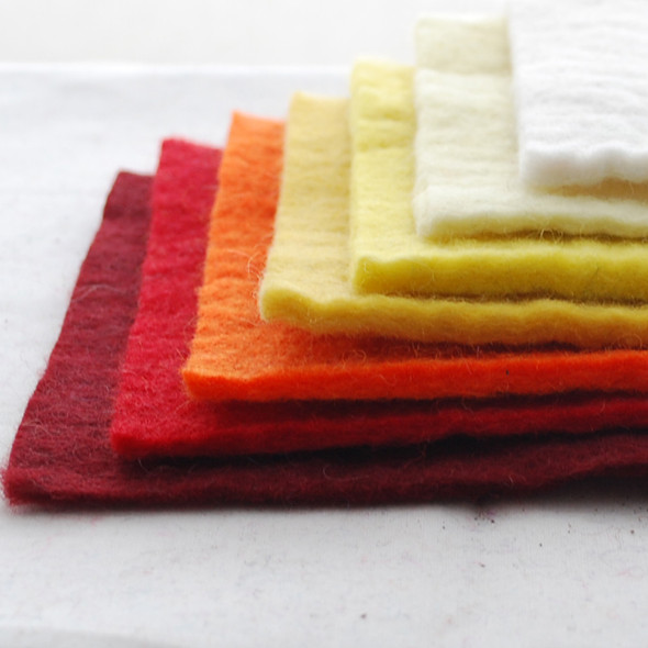 Handmade 100% Wool Felt Sheets - Approx 5mm Thick - 6" Square Bundle - Red Yellow Colours