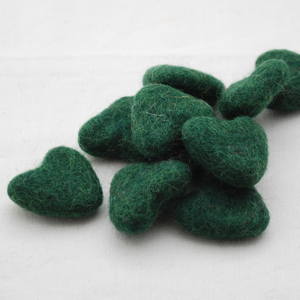 100% Wool Felt Hearts - 10 Count - approx 3cm - Dark Green