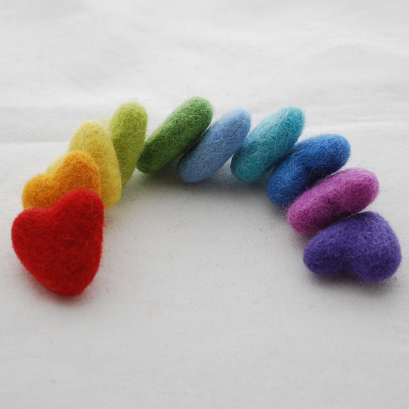 100% Wool Felt Hearts - 10 Count - approx 3cm - Rainbow Colours