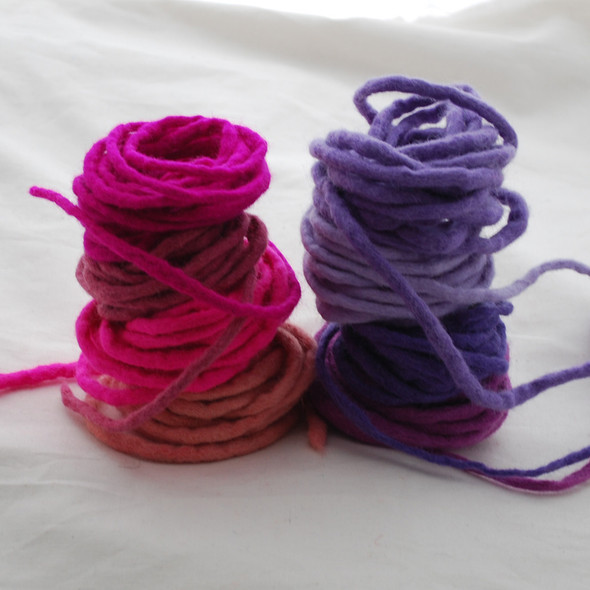100% Wool Felt Cord - Handmade - 8 Cords - Assorted Pink Purple Colours