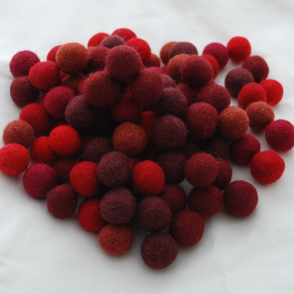 100% Wool Felt Balls - 100 Count - 2.5cm - Red Colours