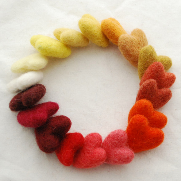 100% Wool Felt Hearts - 18 Count - approx 3cm - Ivory Orange Yellow Red Colours
