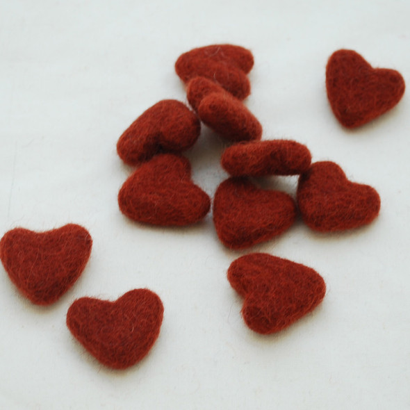 100% Wool Felt Hearts - 10 Count - approx 3cm - Dark Chestnut Red