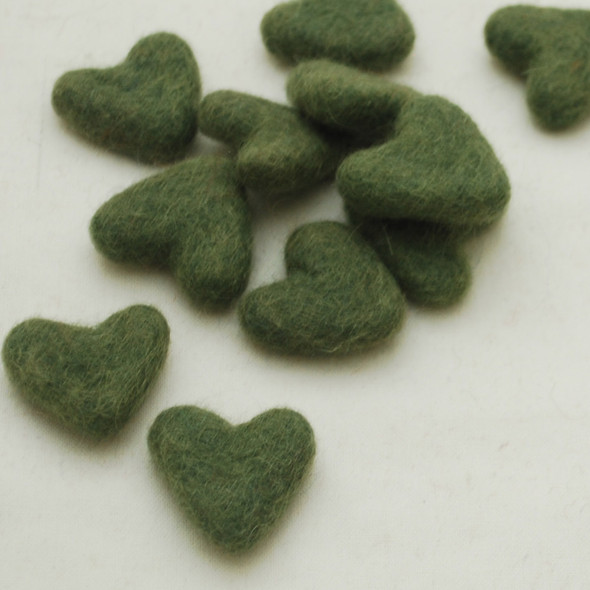 100% Wool Felt Hearts - 10 Count - approx 3cm - Dark Olive Green