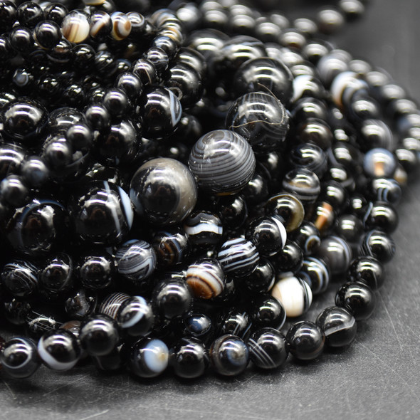 High Quality Grade A Natural Banded Black Agate Gemstone Round Beads 4mm, 6mm, 8mm, 10mm sizes