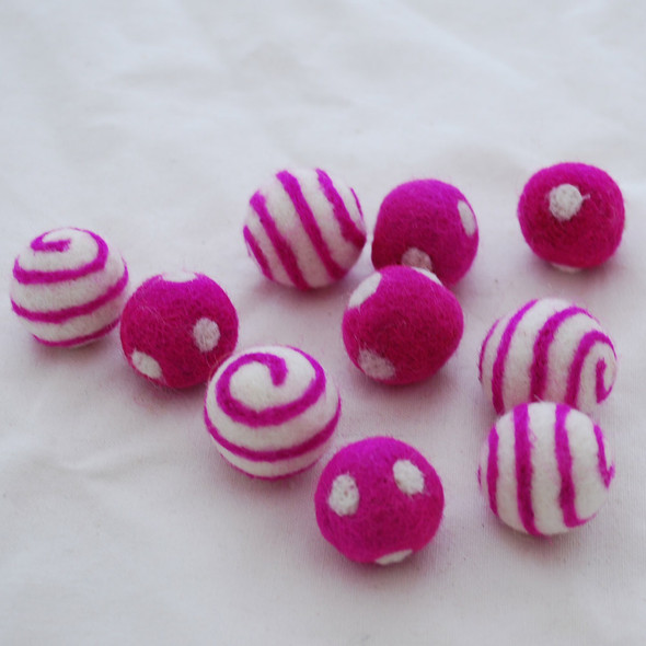 100% Wool Felt Balls - Polka Dots & Swirl Felt Balls - 2.5cm - 10 Count - Garden Rose Pink