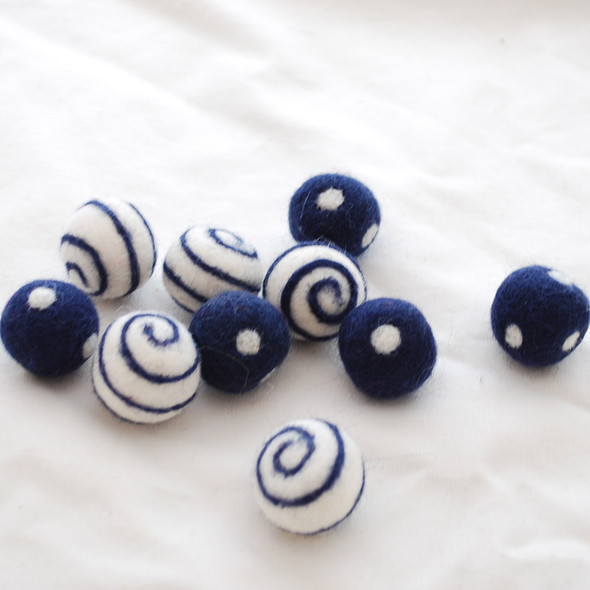 100% Wool Felt Balls - Polka Dots & Swirl Felt Balls - 2.5cm - 10 Count - Navy