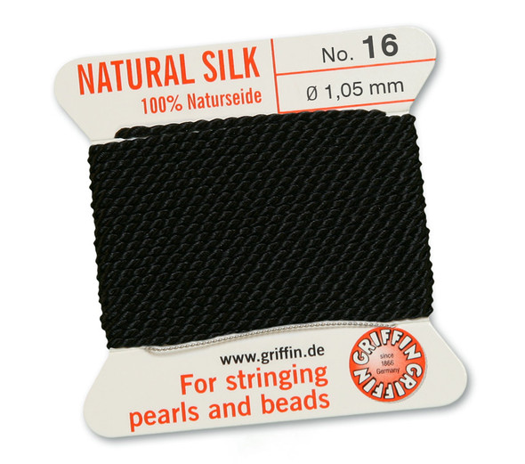 GRIFFIN 100% Natural Silk Bead Cord / String / Thread for stringing Pearls or Beads - Black - choose from 13 Sizes - 1 Pack