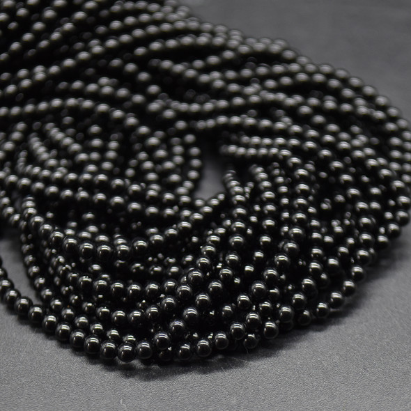 High Quality Grade A Natural Black Obsidian Semi-Precious Gemstone Round Beads - 2mm - 15" long