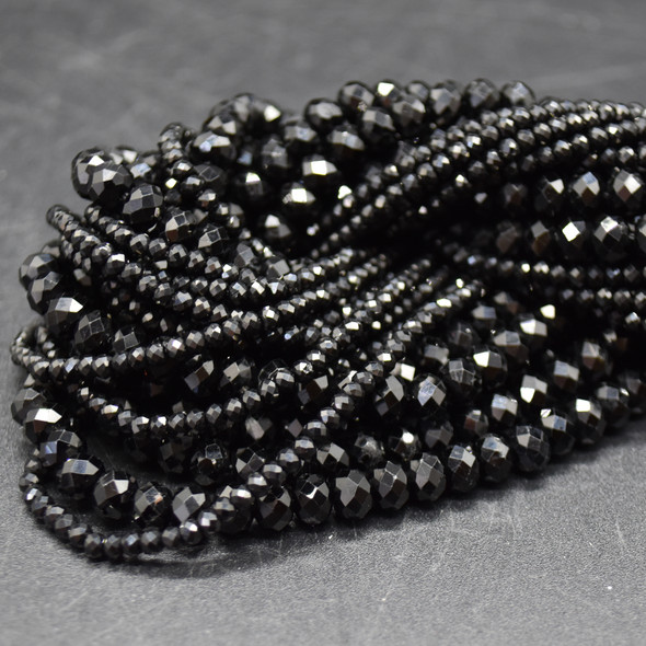 Natural Black Tourmaline Semi-precious Gemstone FACETED Rondelle / Spacer Beads - 3mm, 6mm Sizes - 15" strand