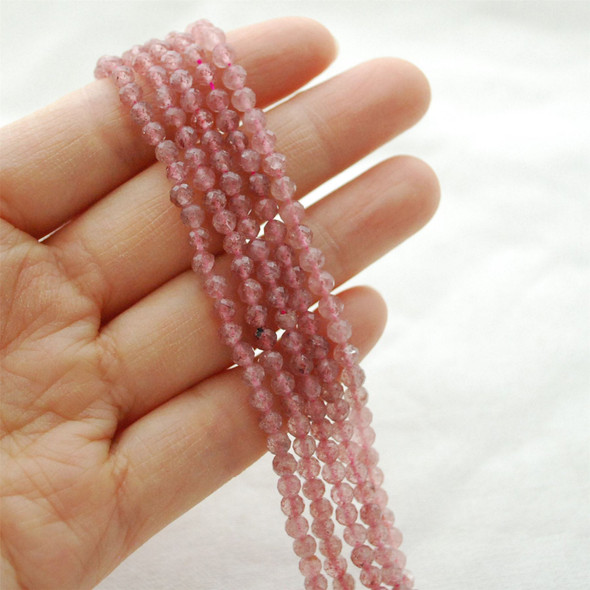 High Quality Grade A Natural Pink Strawberry Quartz Semi-Precious Gemstone FACETED Round Beads - approx 4mm - 15" long