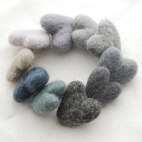 100% Wool Felt Hearts - 10 Count - approx 3cm - Grey Colours