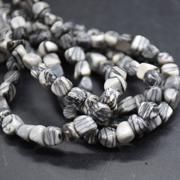 High Quality Grade A Natural Black Veined Jasper Semi-precious Gemstone Pebble Tumbledstone Nugget Beads - approx 5mm - 8mm - 15" long strand