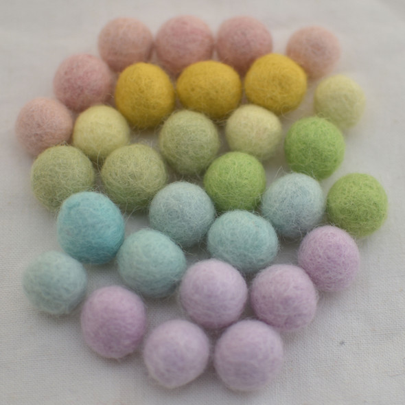 100% Wool Felt Balls - 30 Count - 1.5cm - Light Pastel Rainbow Colours