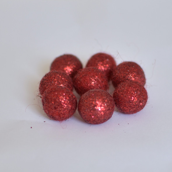 100% Wool Felt Glitter Balls - 10 Count - 2cm - Red