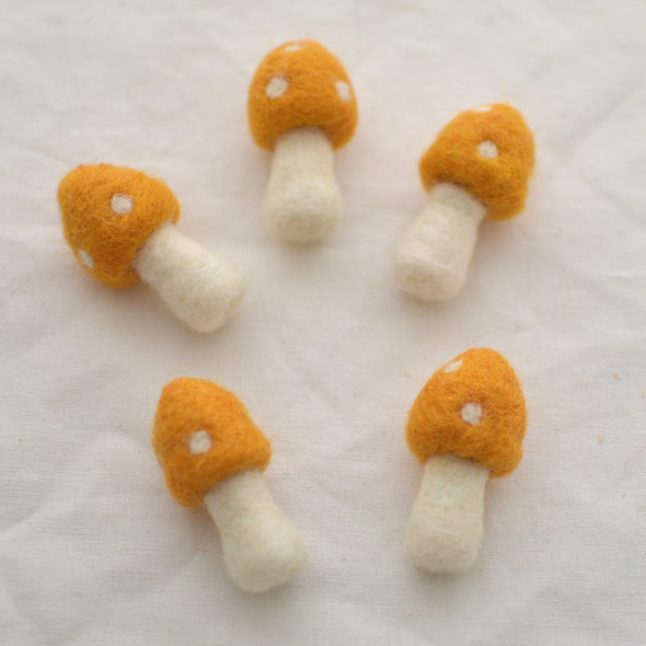 100% Wool Felt Mushrooms Toadstools - 5 Count - 4.5cm - Orange