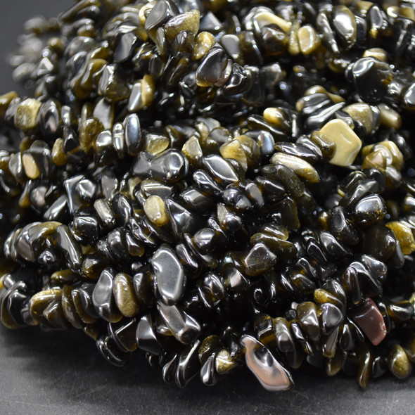 High Quality Grade A Natural Golden Sheen Obsidian Semi-precious Gemstone Chips Nuggets Beads - 5mm - 8mm, approx 32" Strand