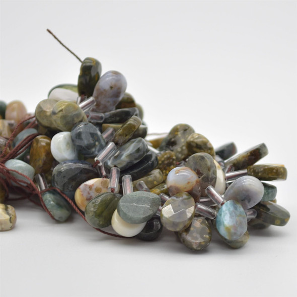 10 High Quality Grade A Natural Ocean Jasper Semi Precious Gemstone FACETED Teardrop / Pendant Beads - 12mm x 8mm