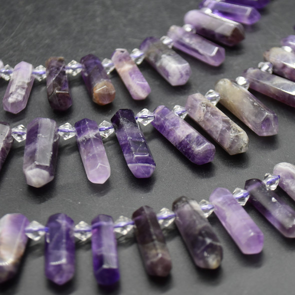 High Quality Grade A Natural Banded Amethyst Semi-Precious Gemstone Double Terminated Points Beads / Pendants - 14" strand