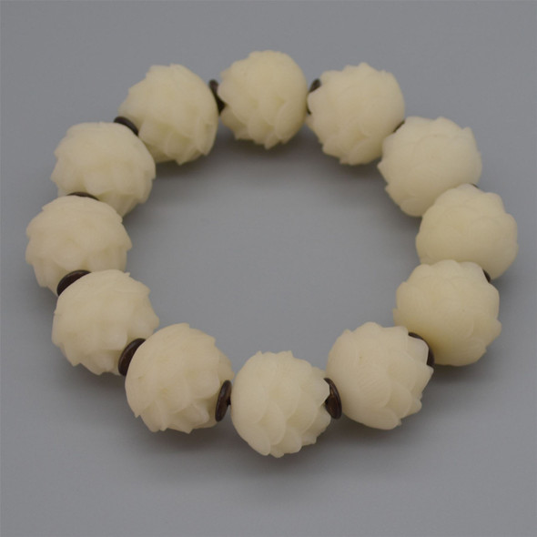 Natural Ivory White Bodhi Root Carved Lotus Flower Beads - 12 beads - Mala Prayer Beads - 20mm