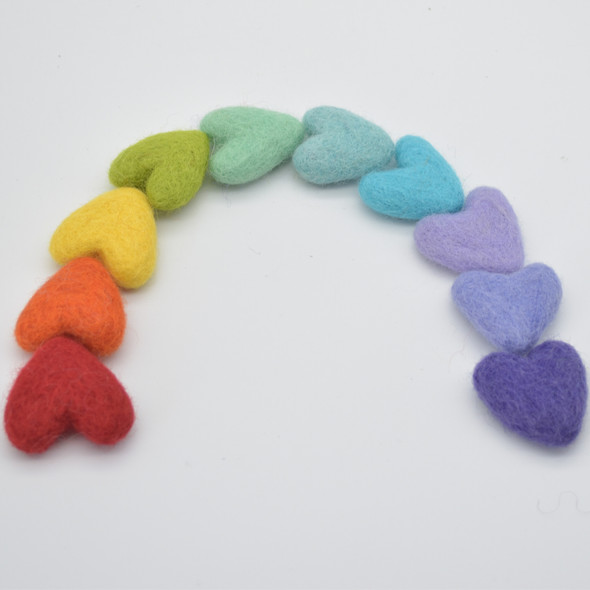 100% Wool Felt Hearts - 10 Count - approx 3cm - Rainbow Colours - Set01