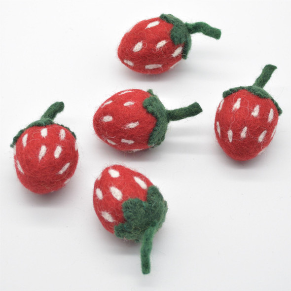 Handmade Wool Felt Strawberry - 5 Count - approx 6.5cm x  3.5cm