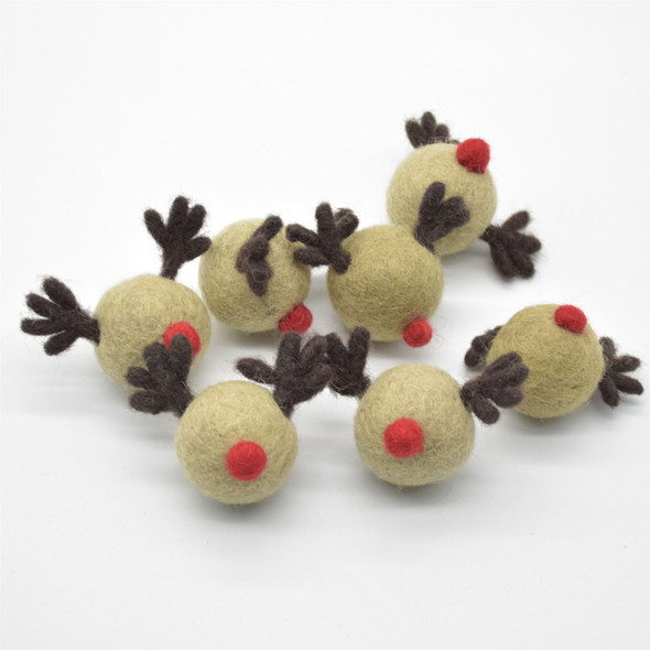 Handmade Wool Felt Red Nosed Reindeer - 5 Count - approx 3.5cm