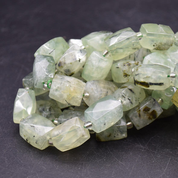 High Quality Grade A Natural Prehnite Faceted Cuboid Barrel Semi-precious Gemstone Beads - approx 15mm x 10mm - 15" long strand