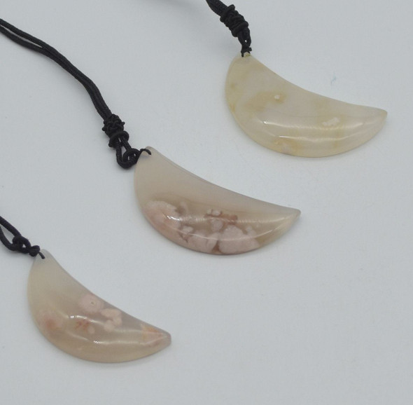 Natural Flower Agate Semi-precious Gemstone Crescent / Moon Style Pendant - Approx 4.5cm - 5cm