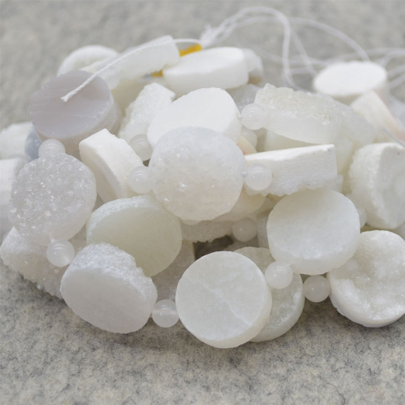 Raw Clear Crystal Quartz Druzy Semi-precious Gemstone Round Chunky Disc Beads - approx 18-20mm  x 5mm - 10mm - approx 15" long strand